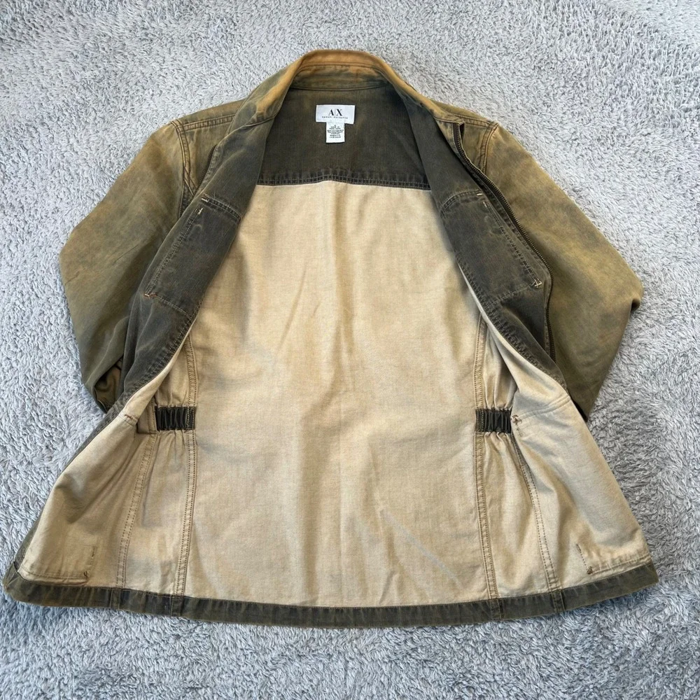 Armani Exchange Mens S Coated Cotton Field‎ Jacket Distressed Olive Patina Faded